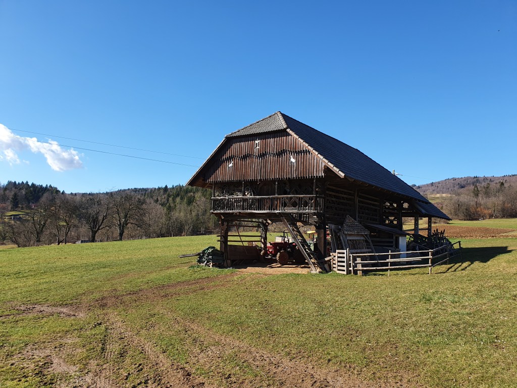 A traditional Slovenian hayrack barn